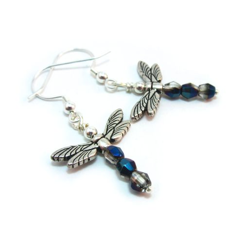 Dragonfly Dangle earrings with Blue crystals